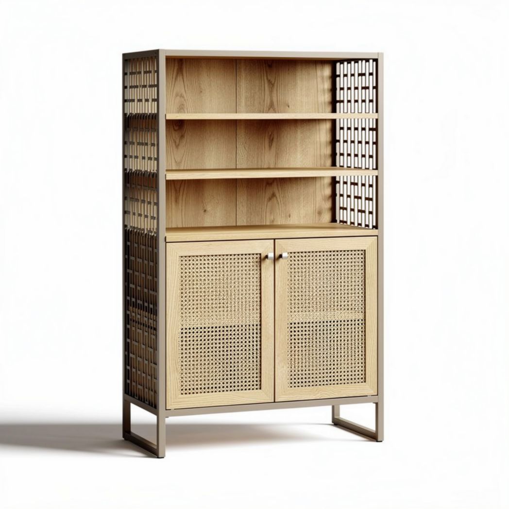 Bibliothèque en bois naturel avec portes en rotin et étagères ouvertes 80 x 40 x 160cm