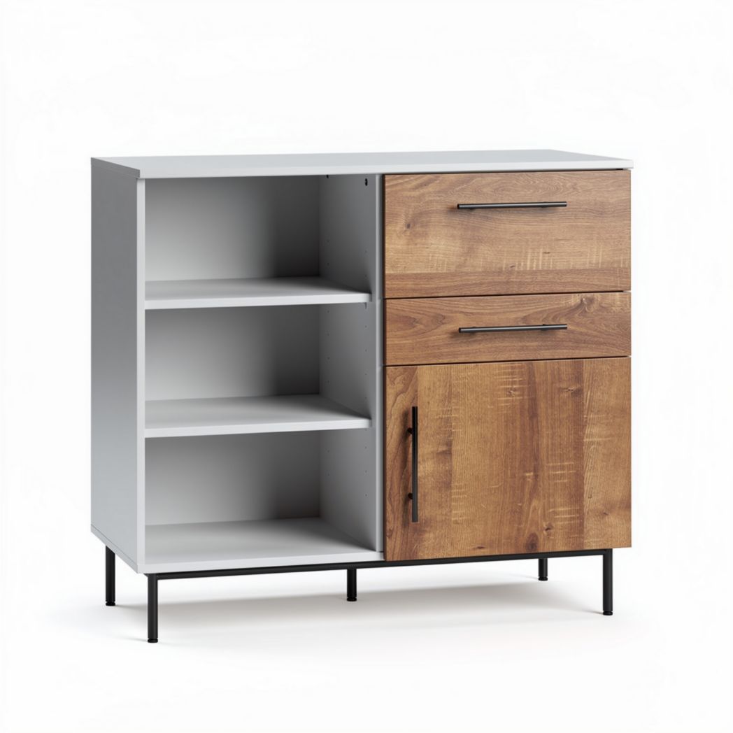 Meuble de rangement en bois et métal 80 x 40 x 75cm avec étagères et tiroirs