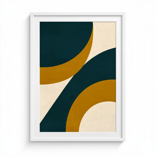 Affiche artistique abstraite fond beige et bleu vert dimensions 40 x 30 x 2cm cadre blanc