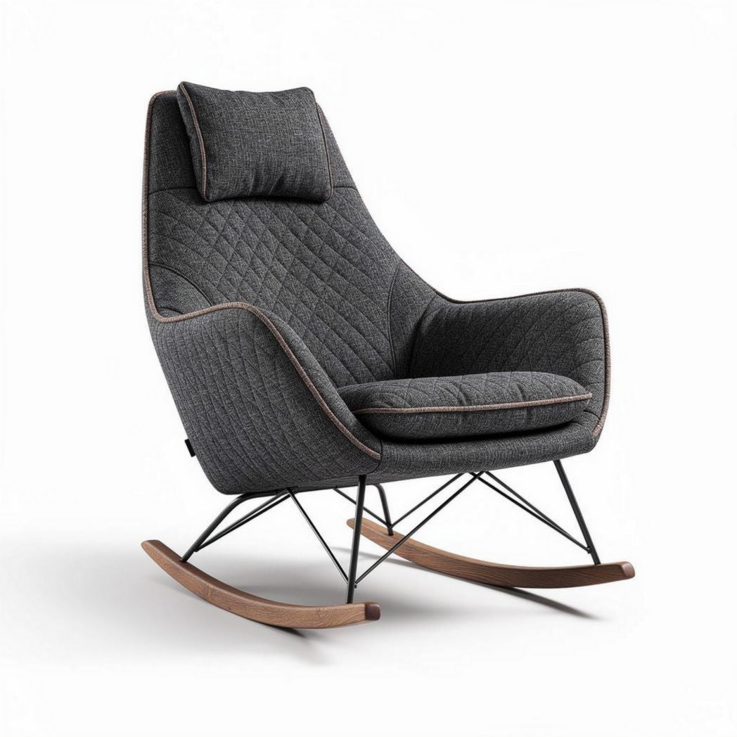 Fauteuil à bascule en tissu gris avec coussin et structure en bois 85 x 75 x 100cm