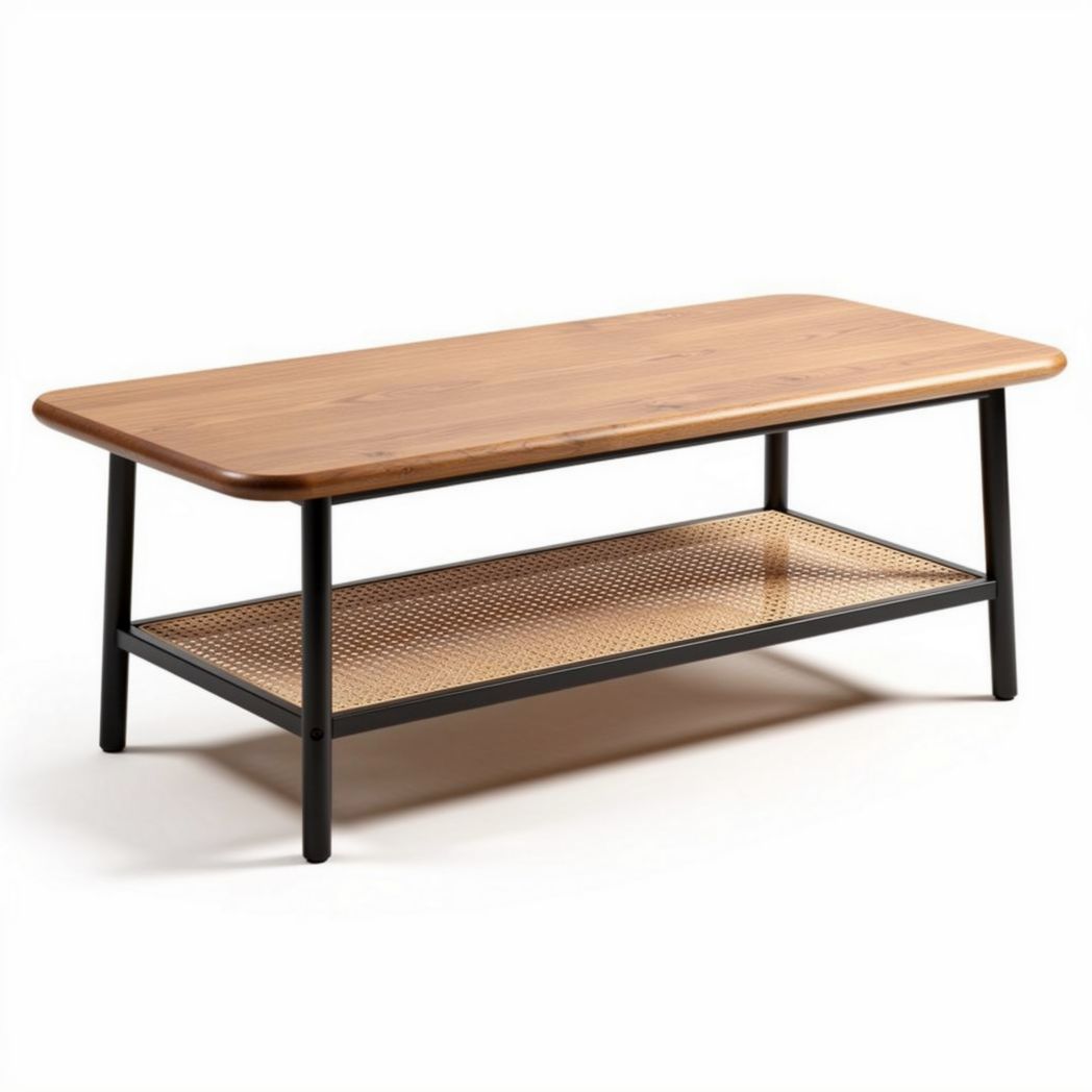 Table basse en bois de bambou et métal noir avec étagère en osier 120 x 60 x 45cm